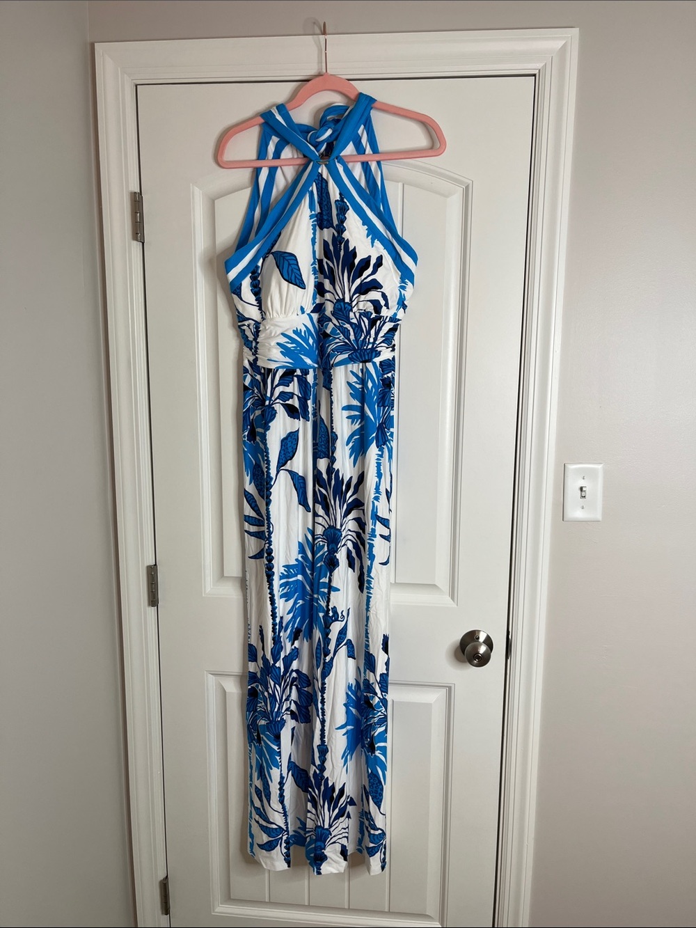 Lilly Pulitzer-NWT-Halter White Maxi Dress with Blue Floral Print-Size 14